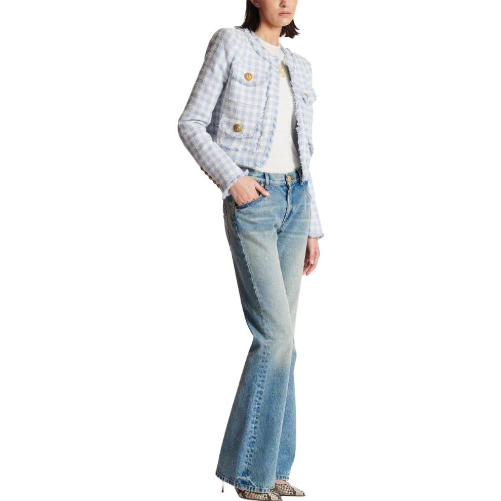 Details for (W) BALMAIN FW23 Seluar Jeans Flared Biru Rendah dengan Sulaman Logo CF1MJ120-DE04-6FF