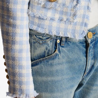 (W) BALMAIN FW23 Seluar Jeans Flared Biru Rendah dengan Sulaman Logo CF1MJ120-DE04-6FF Sizing (W) BALMAIN FW23 Seluar Jeans Flared Biru Rendah dengan Sulaman Logo CF1MJ120-DE04-6FF