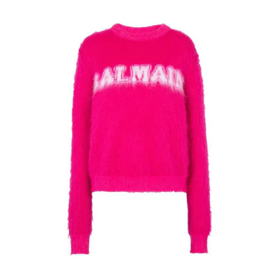 (Women) BALMAIN FW23 Pink Knit Sweater with Letter Logo Design. BF0KD025-KF38-OFV
