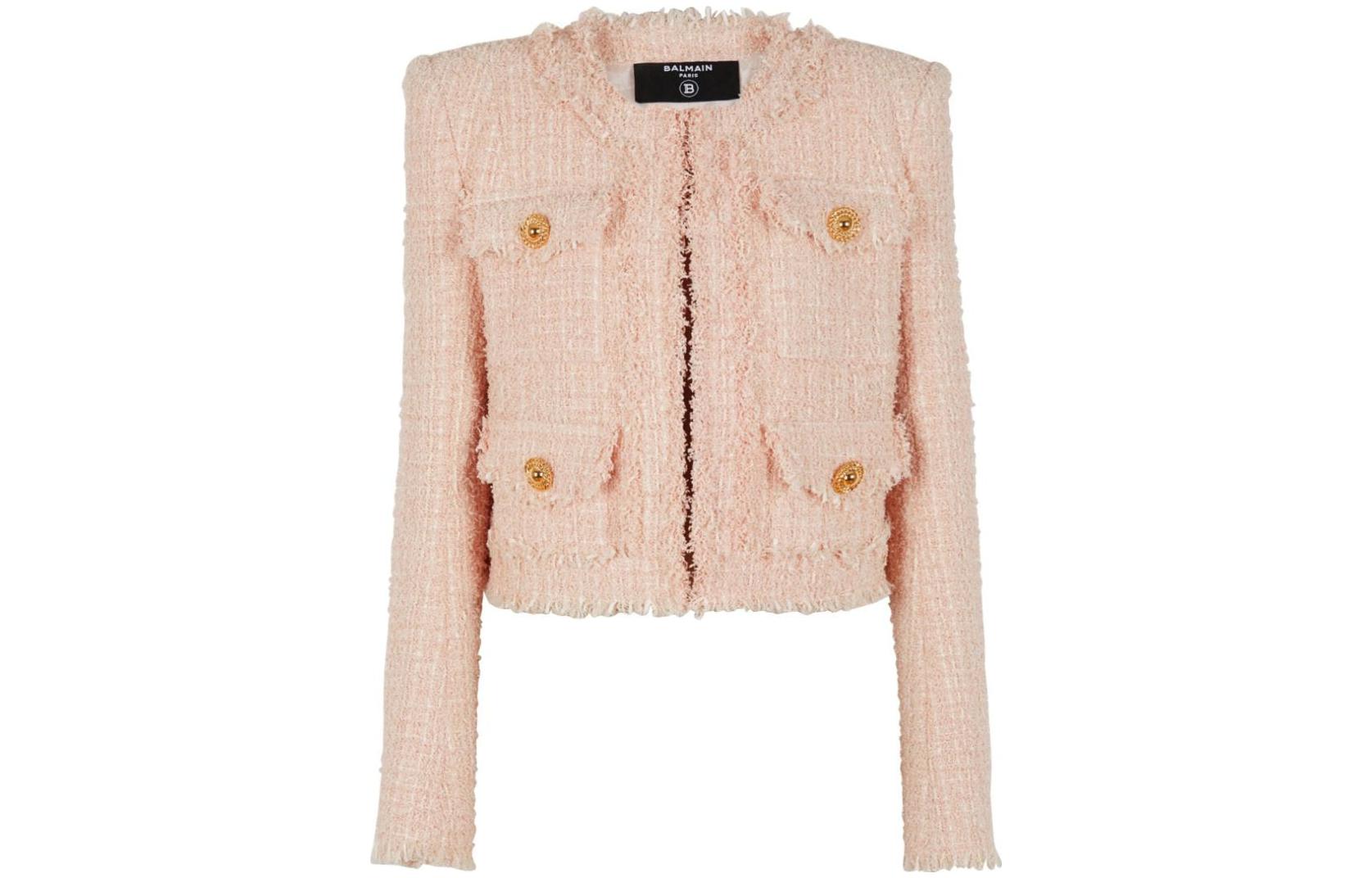 (Women) BALMAIN FW23  Pink Tweed Cropped Long Sleeve Jacket. CF1SK595XF91-0DX