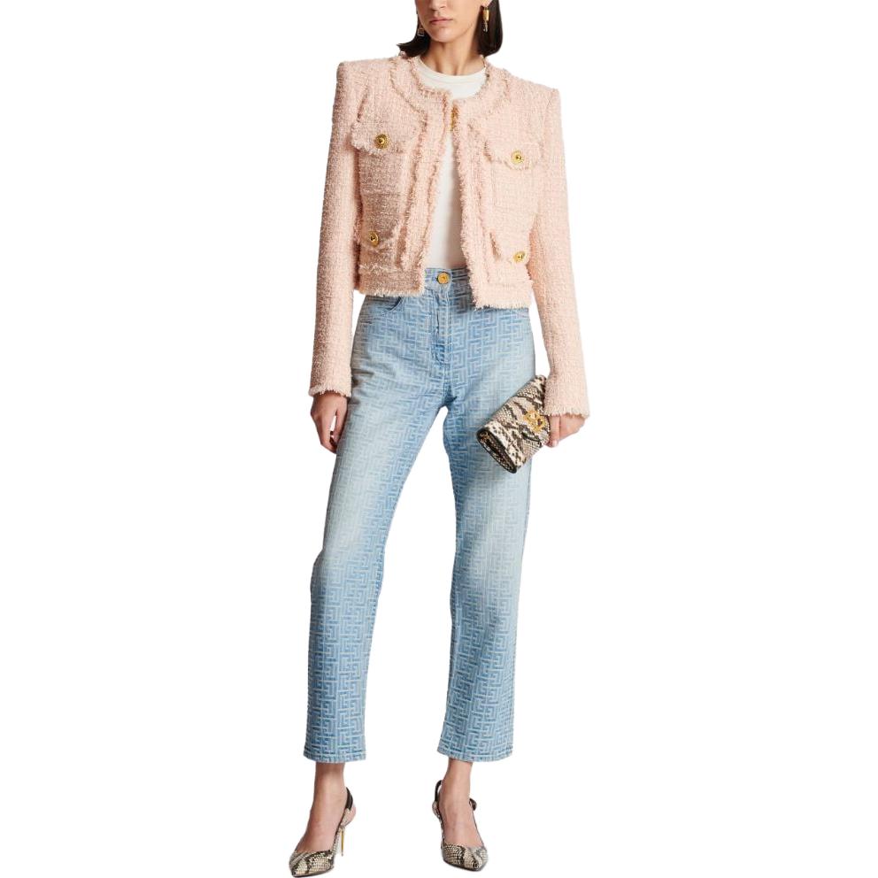 Lookbook (W) BALMAIN FW23 핑크 트위드 크롭 롱슬리브 재킷. CF1SK595XF91-0DX