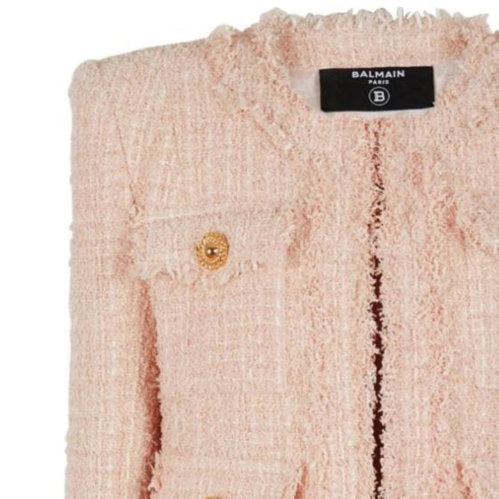 Sizing (W) BALMAIN FW23 핑크 트위드 크롭 롱슬리브 재킷. CF1SK595XF91-0DX