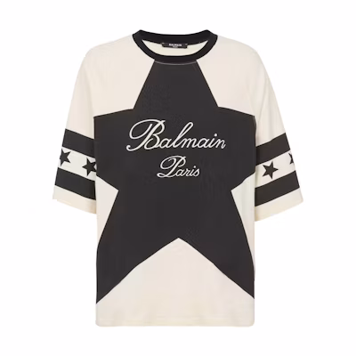 (Women) BALMAIN FW23 Signature Stars Beige Loose Fit Short Sleeve T-Shirt. CF1EG085-GD32-GOT