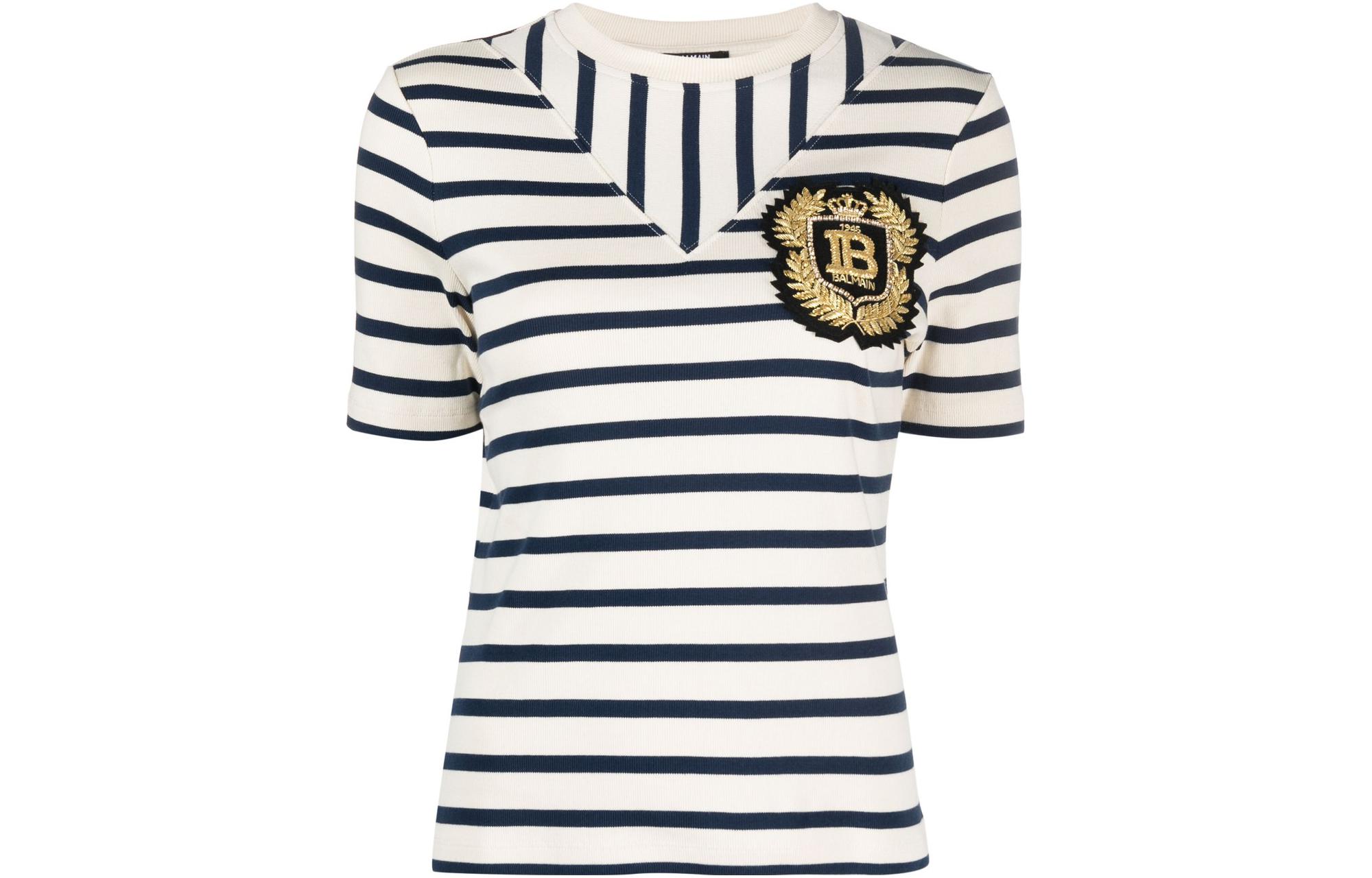 (Women) BALMAIN FW23  Striped Print Crewneck Short Sleeve T-Shirt White BF1EF08077JG-PWG