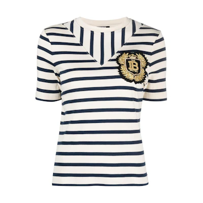 (Women) BALMAIN FW23 Striped Print Crewneck Short Sleeve T-Shirt White BF1EF08077JG-PWG