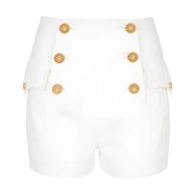 (Women) BALMAIN FW23 White High-Waisted Double-Breasted Denim Shorts for Women CF1MA012DB69-0FA