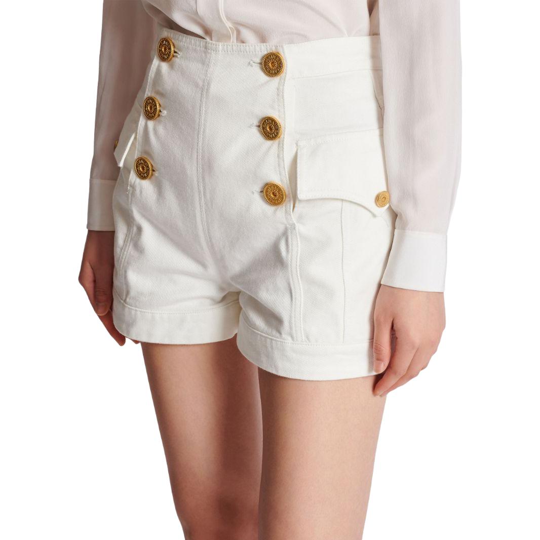 Sizing (W) 巴爾曼 FW23 女士高腰雙排扣白色牛仔短褲 CF1MA012DB69-0FA