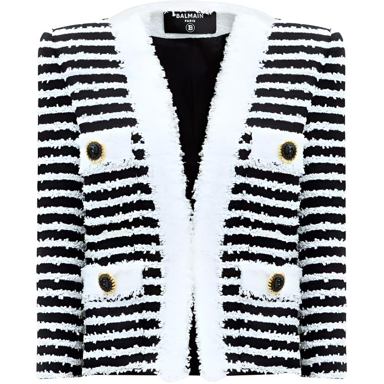 (Women) BALMAIN FW24  Striped Tweed V-Neck Long Sleeve Jacket Black White DF1SK666-MF24-EAB