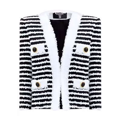 (Women) BALMAIN FW24 Striped Tweed V-Neck Long Sleeve Jacket Black White DF1SK666-MF24-EAB
