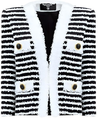 (Women) BALMAIN FW24 Striped Tweed V-Neck Long Sleeve Jacket Black White DF1SK666-MF24-EAB Order (Women) BALMAIN FW24 Striped Tweed V-Neck Long Sleeve Jacket Black White DF1SK666-MF24-EAB