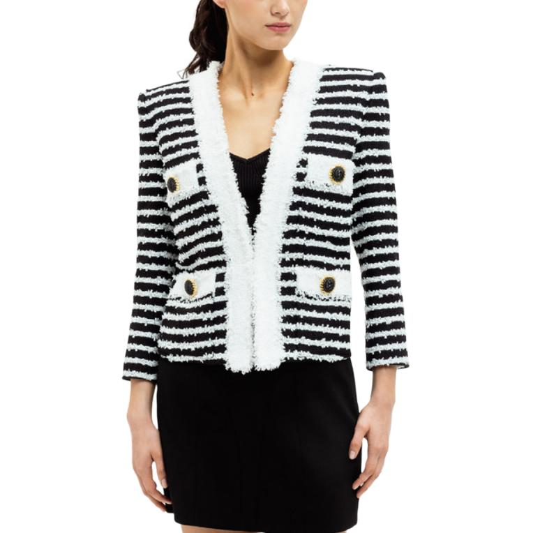 Shop (Women) BALMAIN FW24  Striped Tweed V-Neck Long Sleeve Jacket Black White DF1SK666-MF24-EAB