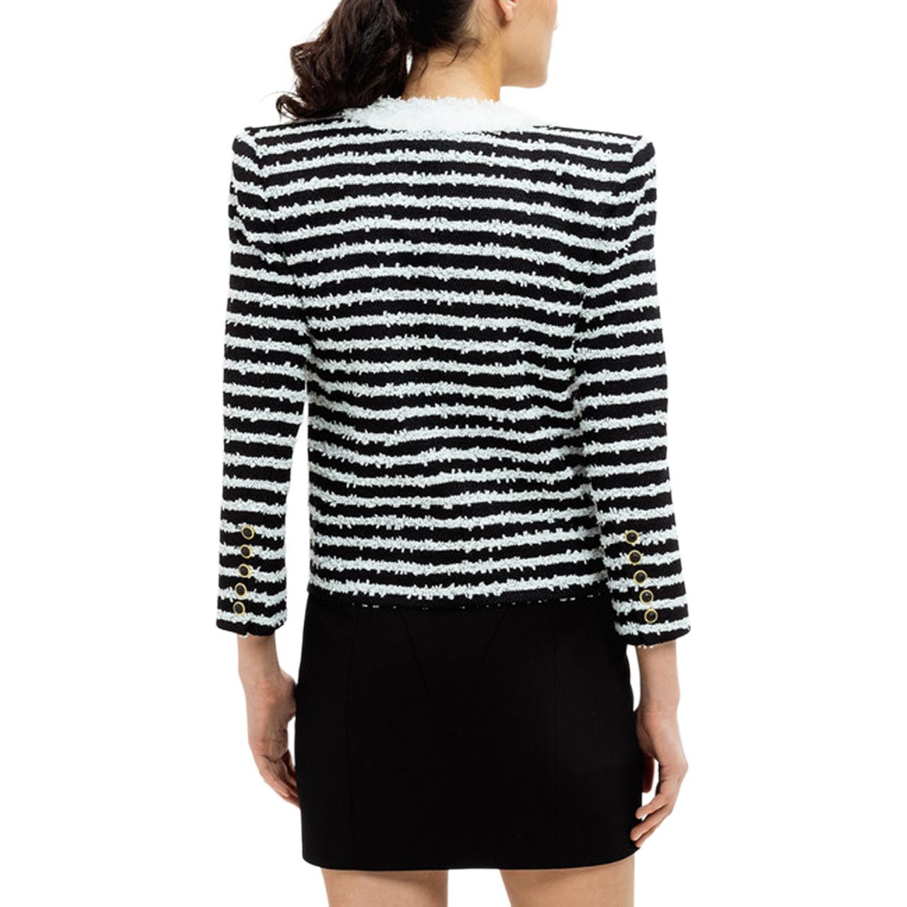 Purchase (Women) BALMAIN FW24  Striped Tweed V-Neck Long Sleeve Jacket Black White DF1SK666-MF24-EAB