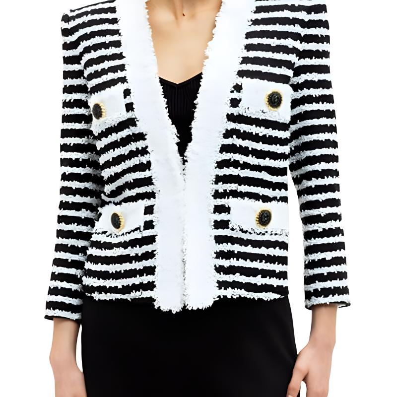 Sizing (Women) BALMAIN FW24  Striped Tweed V-Neck Long Sleeve Jacket Black White DF1SK666-MF24-EAB