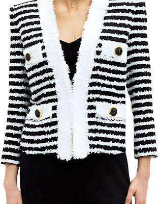 (Women) BALMAIN FW24 Striped Tweed V-Neck Long Sleeve Jacket Black White DF1SK666-MF24-EAB Sizing (Women) BALMAIN FW24 Striped Tweed V-Neck Long Sleeve Jacket Black White DF1SK666-MF24-EAB