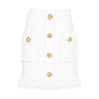 (Women) BALMAIN FW24 White Tweed High-Waist Skirt with Embossed Buttons. DF1LBA20-XC67-0FA