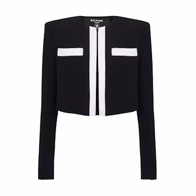 (Women) Balmain FW24 Black Cropped Jacket with Striped Trim and Colorblock Design DF1SC195-VB00-EAB