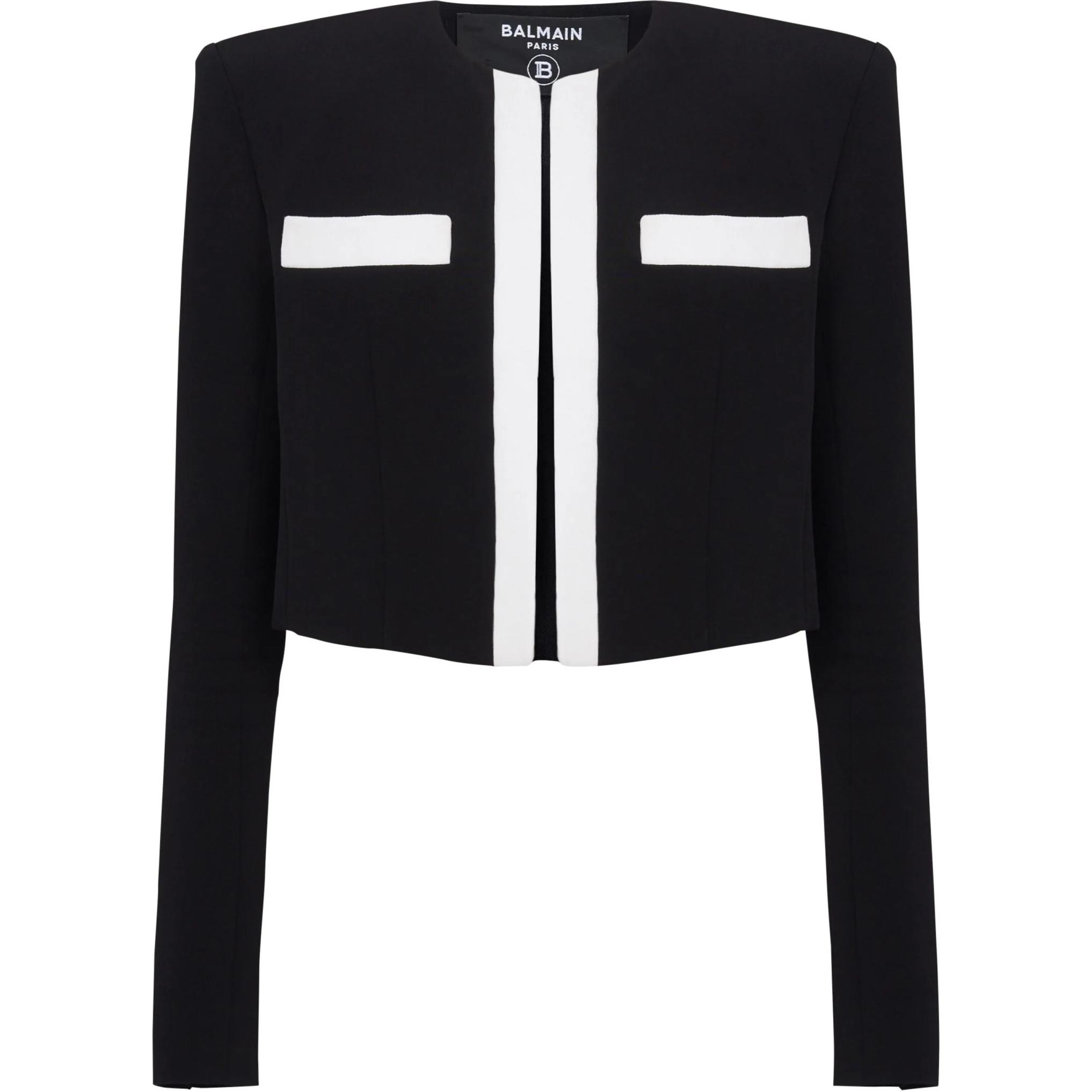 Order (Women) Balmain FW24 Black Cropped Jacket with Striped Trim and Colorblock Design DF1SC195-VB00-EAB