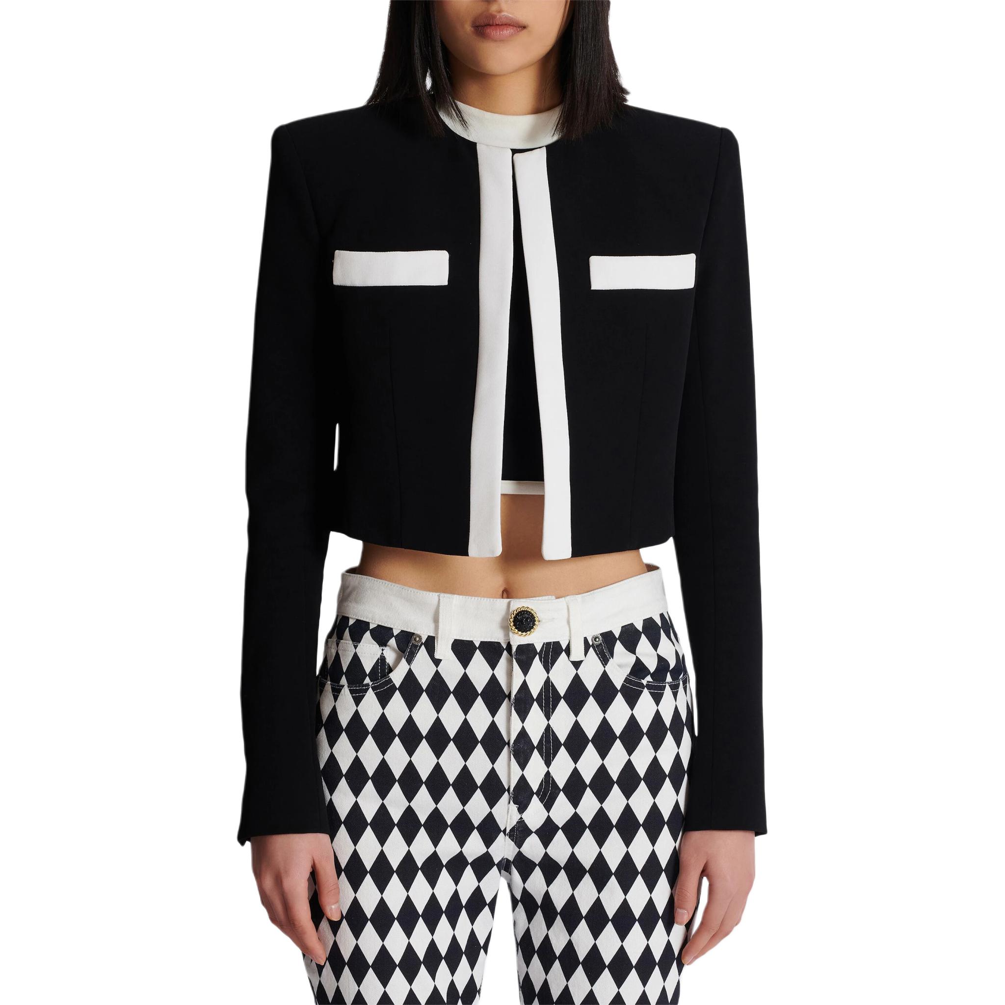 Lookbook (Women) Balmain FW24 Black Cropped Jacket with Striped Trim and Colorblock Design DF1SC195-VB00-EAB