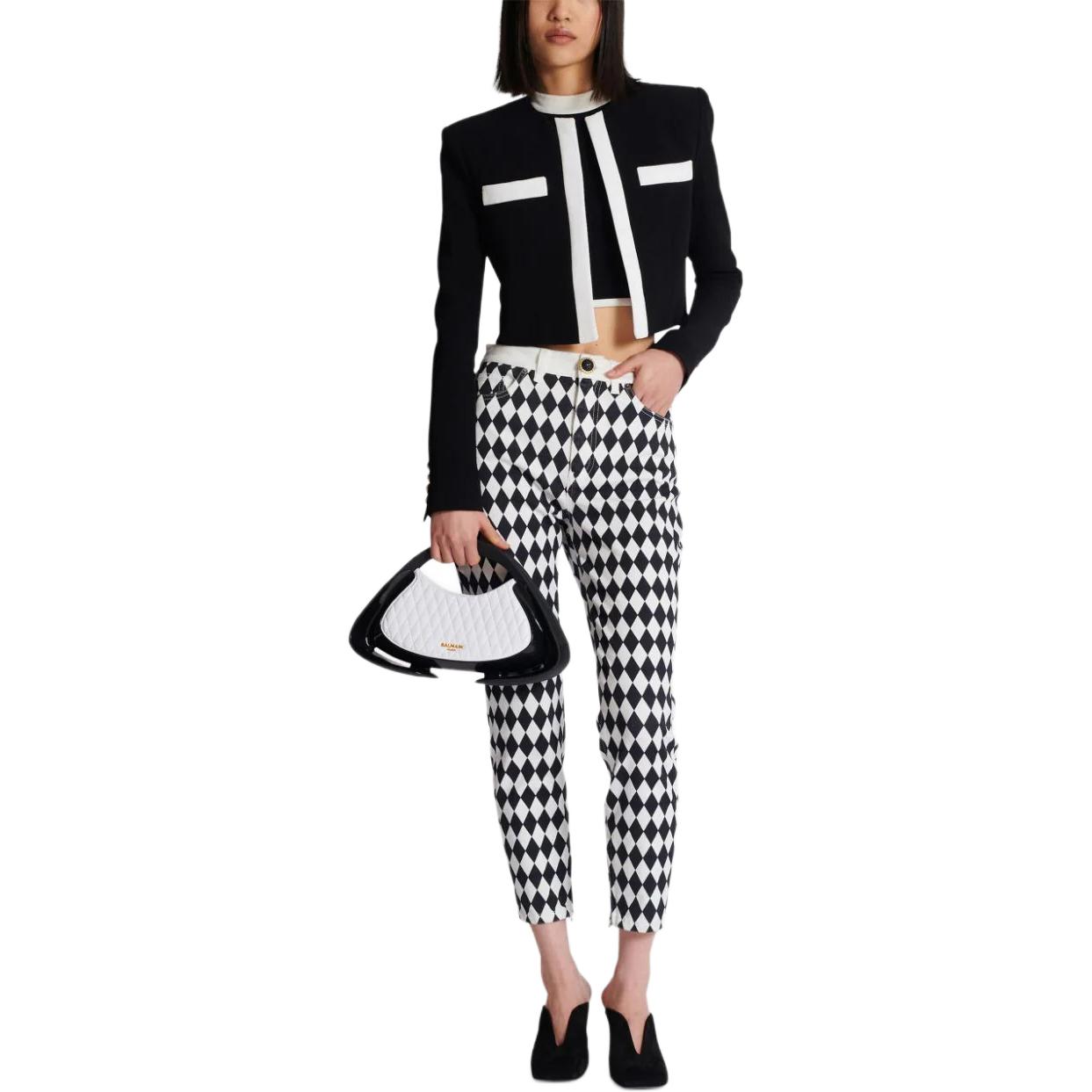 Purchase (Women) Balmain FW24 Black Cropped Jacket with Striped Trim and Colorblock Design DF1SC195-VB00-EAB