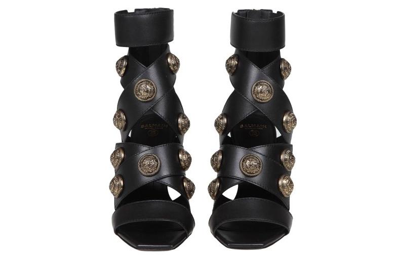 Shop (W) Sandales en Cuir Balmain à Fermeture Éclair ''Noir'' ''Or Antique'' AN1UH859LVITEAD