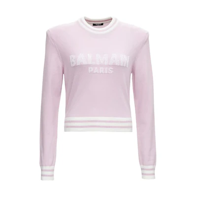 (Women) BALMAIN Pink Logo Intarsia Knit Pullover Sweater WF1KA000K225-OCD