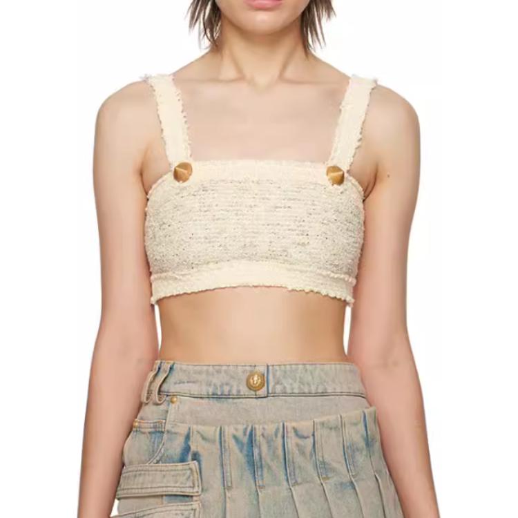 (Women) BALMAIN Square-Neck Sleeveless Crop Top Beige AF1AA245-CC95-0AQ