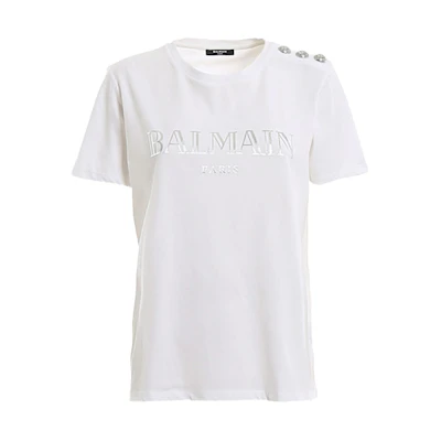 (Women) BALMAIN SS21 Crew Neck Printed Logo Short Sleeve T-Shirt Beige. TF11350-I366GAC
