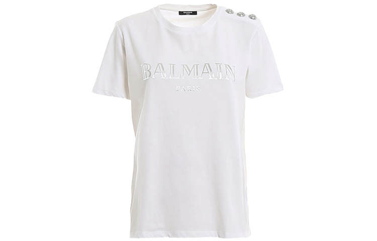 Order (W) BALMAIN SS21 米色印花标志圆领短袖T恤。 TF11350-I366GAC