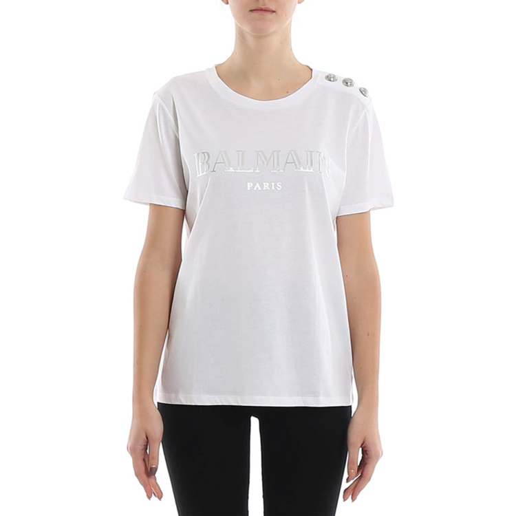 Lookbook (W) BALMAIN SS21 米色印花标志圆领短袖T恤。 TF11350-I366GAC