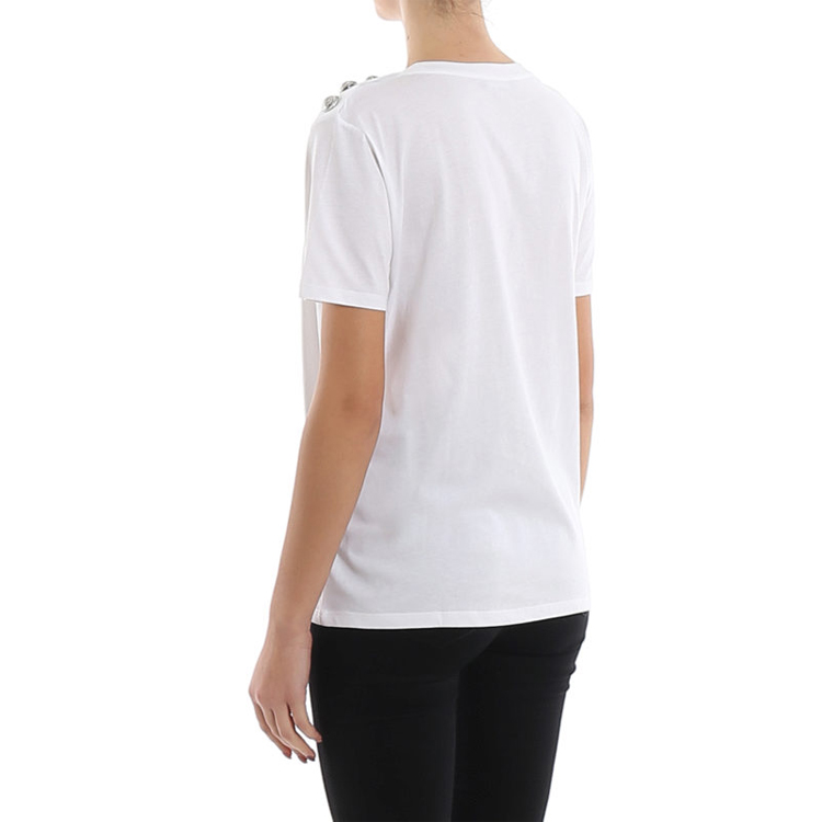 Shop (W) BALMAIN SS21 米色印花标志圆领短袖T恤。 TF11350-I366GAC