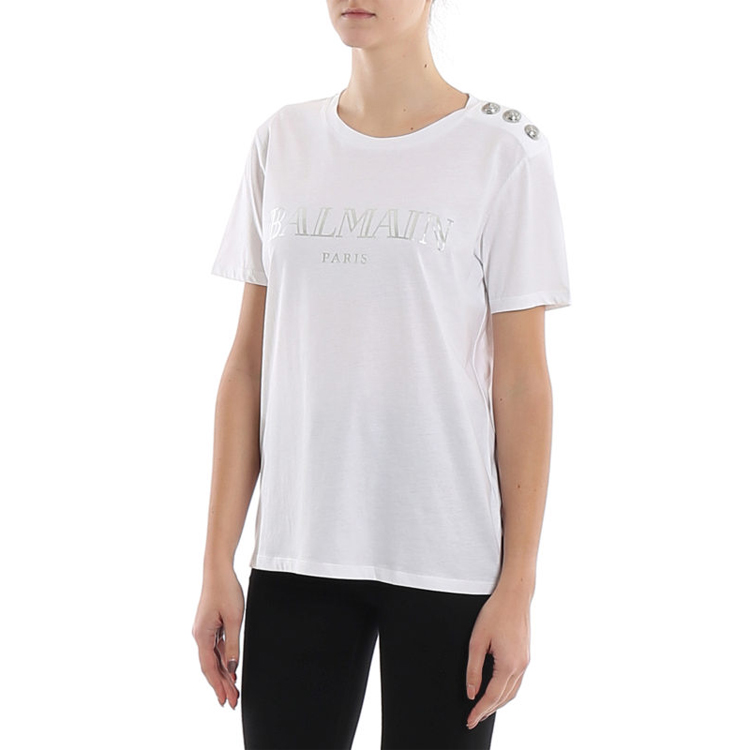 Purchase (W) BALMAIN SS21 米色印花标志圆领短袖T恤。 TF11350-I366GAC