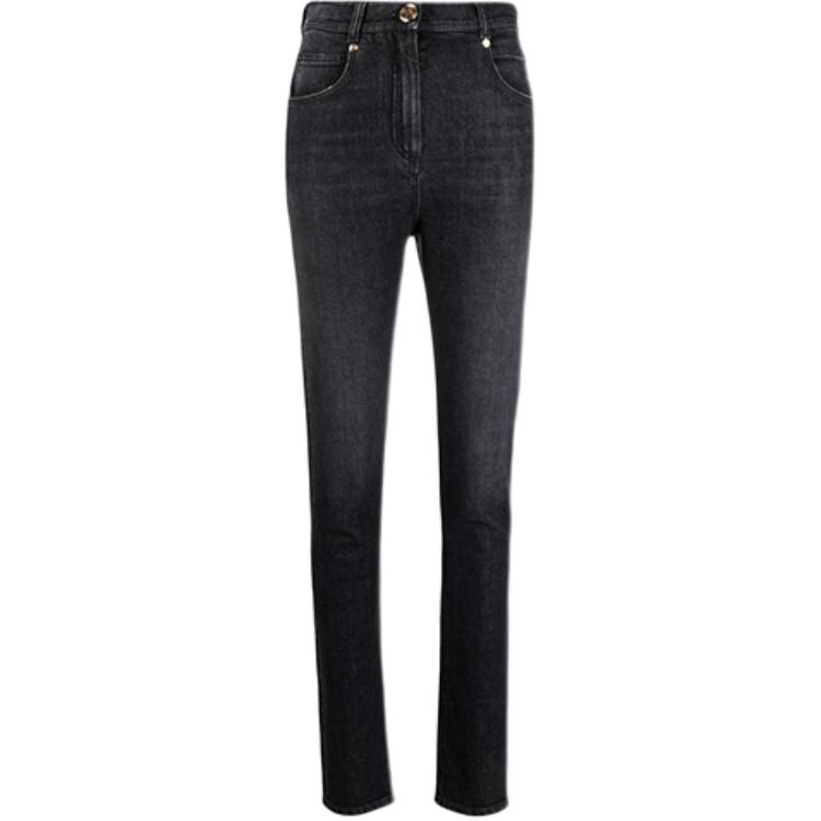 (Women) BALMAIN SS21 High-Waisted Slim Fit Buckle Detail Jeans Black. WF1MF000D134-0PC