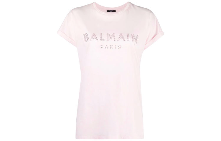(Women) BALMAIN SS21 Pink Logo Studded Short Sleeve T-Shirt WF1EF010-B093-4AK