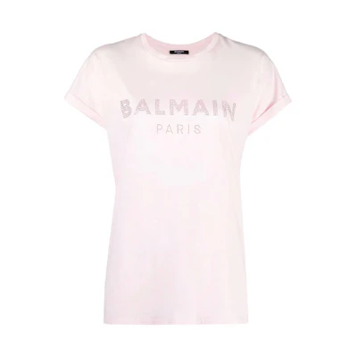 (Women) BALMAIN SS21 Pink Logo Studded Short Sleeve T-Shirt WF1EF010-B093-4AK