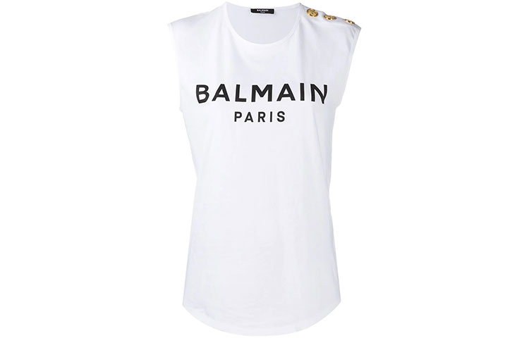 (Women) Balmain SS21 White Sleeveless Tank Top with Logo Print and Embossed Buttons WF1EB005B091-GAB-YC