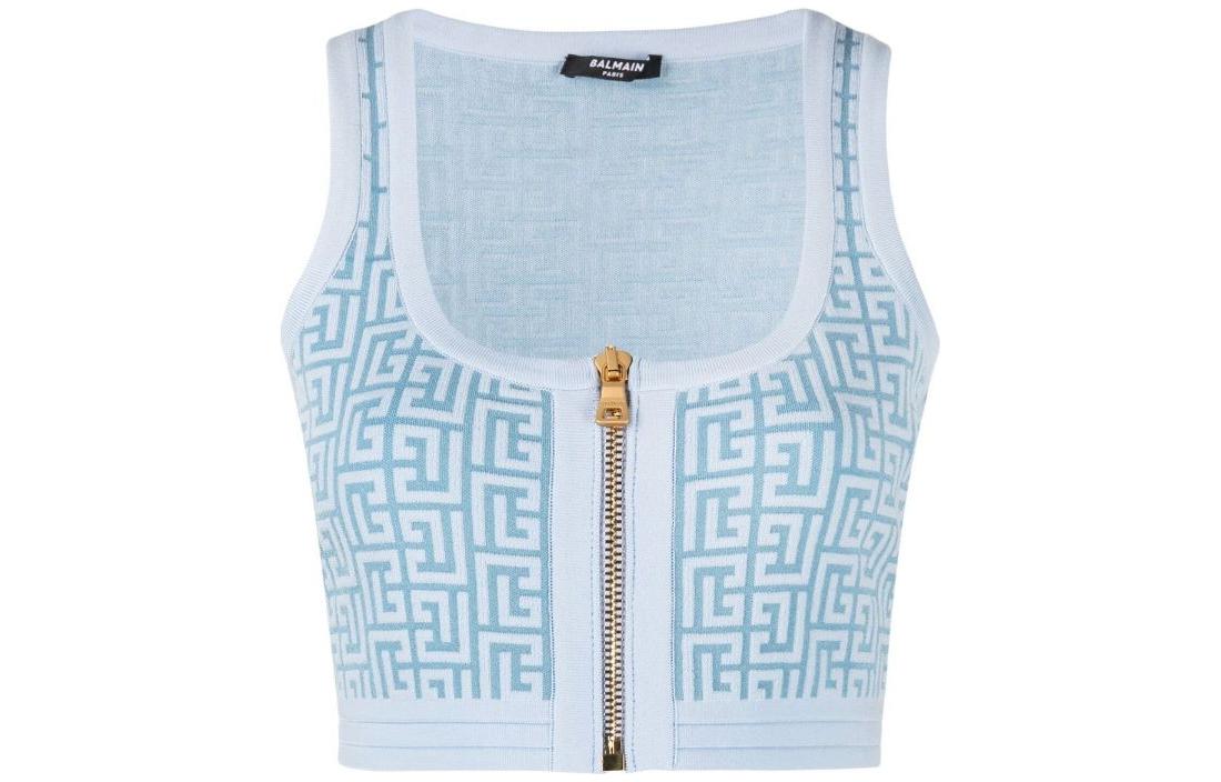 (Women) BALMAIN SS22  Blue Logo Print Sleeveless Zip Tank Top YF1AA017KB02SDX