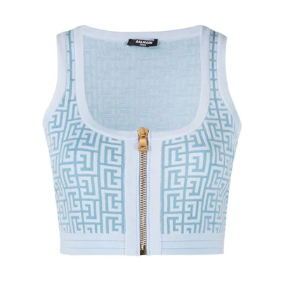 (Women) BALMAIN SS22 Blue Logo Print Sleeveless Zip Tank Top YF1AA017KB02SDX