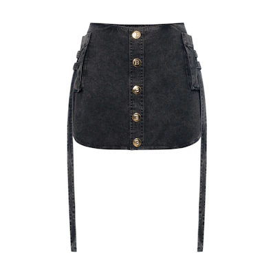 (Women) BALMAIN SS22 Button A-Line Denim Mini Skirt XF0LB445DC06-0PC