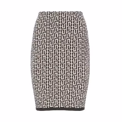 (Women) BALMAIN SS22 Jacquard Monogram Black Midi Skirt Casual Long Skirt. XF1LC001KB02-GFE