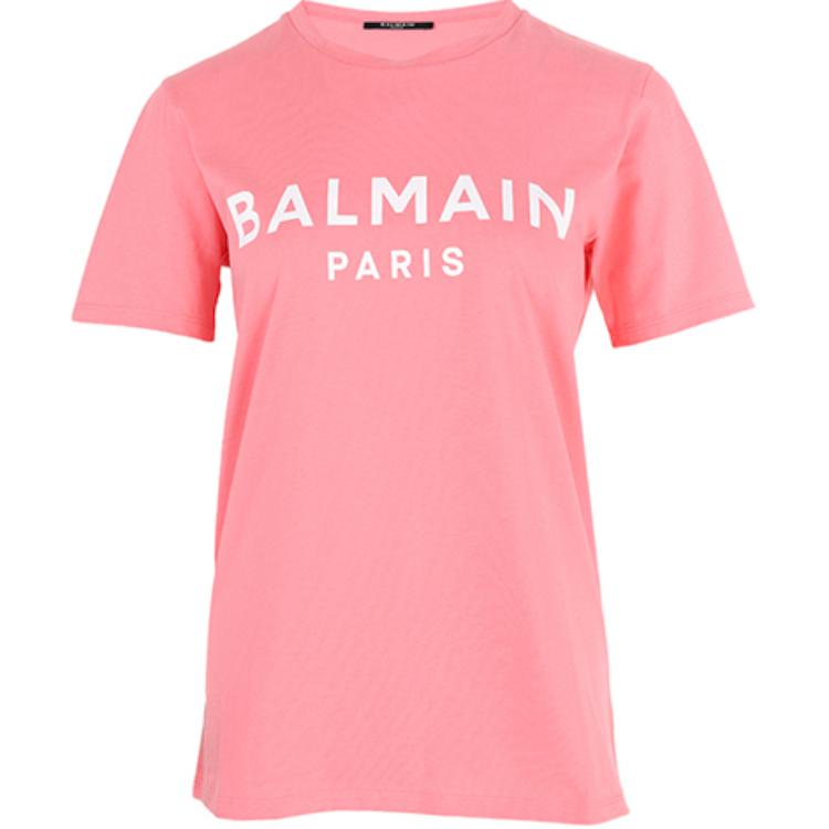 (Women) BALMAIN SS22  Pink Logo Print Short Sleeve Crewneck T-Shirt. XF1EF000BB02-OCO