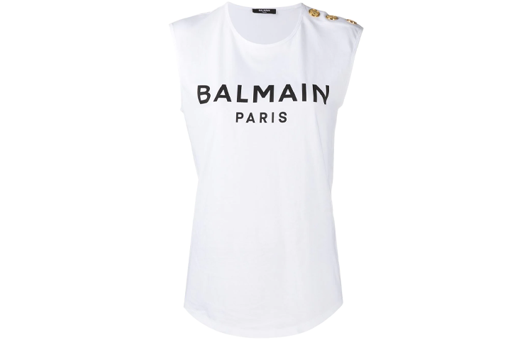 (Women) BALMAIN SS22  White Logo Print Tank Top with Wide Straps. XF1EB005BB02-GAB