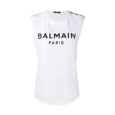 (Women) BALMAIN SS22 White Logo Print Tank Top with Wide Straps. XF1EB005BB02-GAB