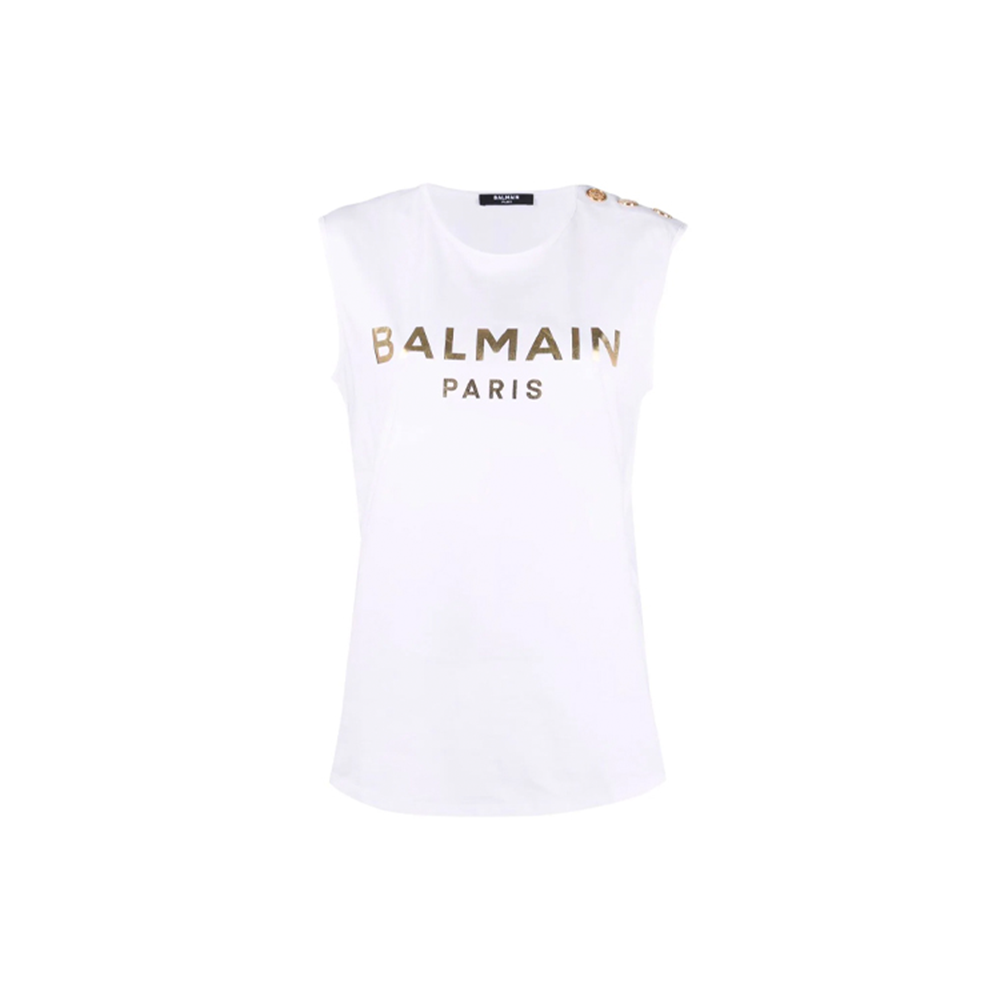 (Women) BALMAIN SS22  White Tank Top with Gold Embossed Button Details. XF1EB005BB28-GAD
