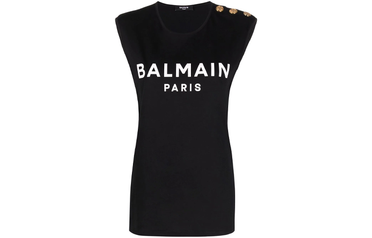 (Women) Balmain SS22 Logo Embossed Button Strap Tank Top Black EB005BB02-EAB