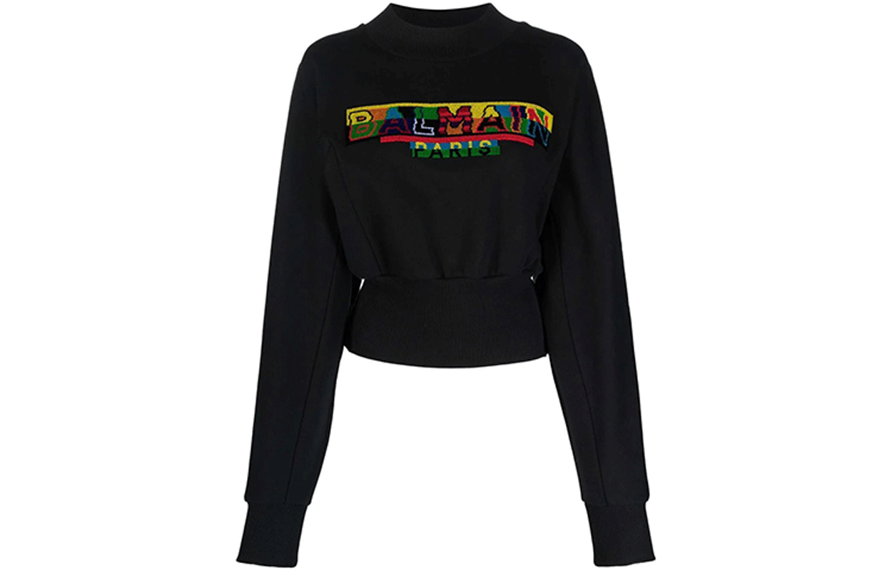 (Women) BALMAIN SS22 Pixel Logo Cropped Sweatshirt Women Black. XF1JO031BB25-EAH
