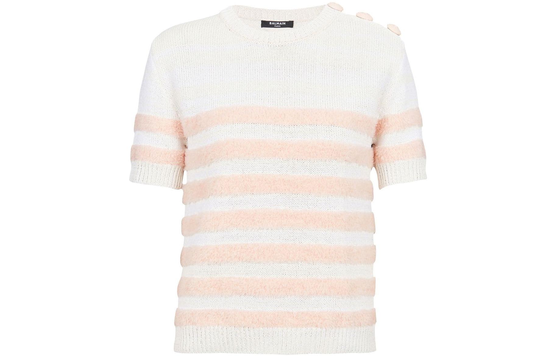 (Women) BALMAIN SS22 Striped Knit Trim Crewneck Short Sleeve T-Shirt Women White. YF1AL027KC43GKX