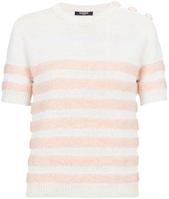 (Women) BALMAIN SS22 Striped Knit Trim Crewneck Short Sleeve T-Shirt Women White. YF1AL027KC43GKX Order (Women) BALMAIN SS22 Striped Knit Trim Crewneck Short Sleeve T-Shirt Women White. YF1AL027KC43GKX