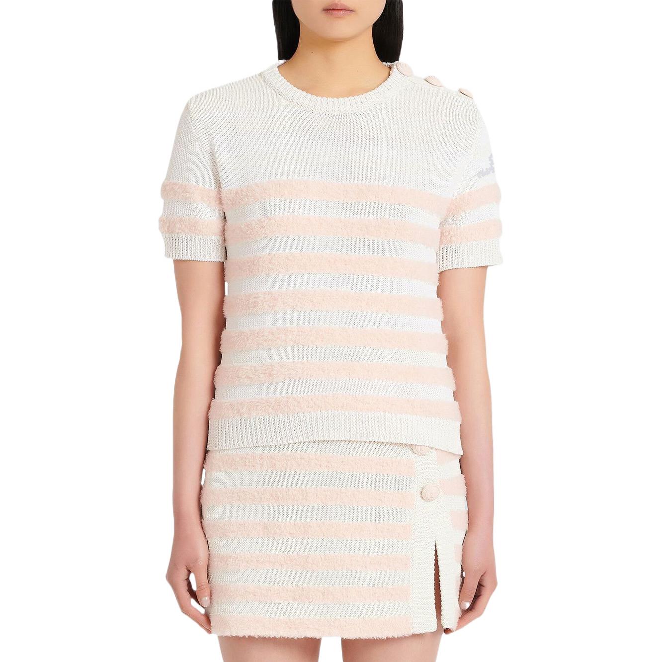 Lookbook (Women) BALMAIN SS22 Striped Knit Trim Crewneck Short Sleeve T-Shirt Women White. YF1AL027KC43GKX