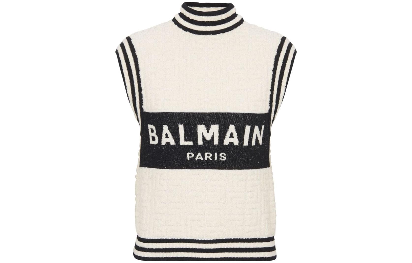 (Women) BALMAIN SS23  Beige Sleeveless Knit Top with Letter Logo. BF1AB355KE95-GKP