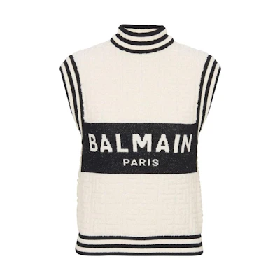 (Women) BALMAIN SS23 Beige Sleeveless Knit Top with Letter Logo. BF1AB355KE95-GKP
